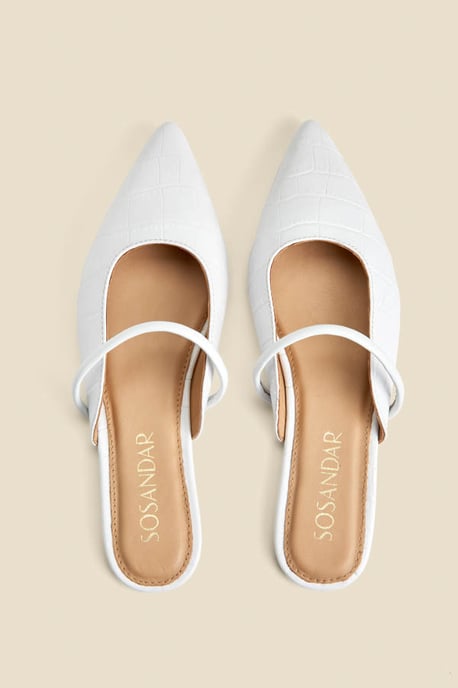 White Croc Leather Pointed Toe Strap Detail Flat Mules - Image 4