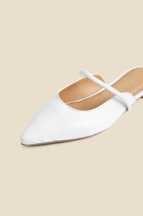 White Croc Leather Pointed Toe Strap Detail Flat Mules - Image 5