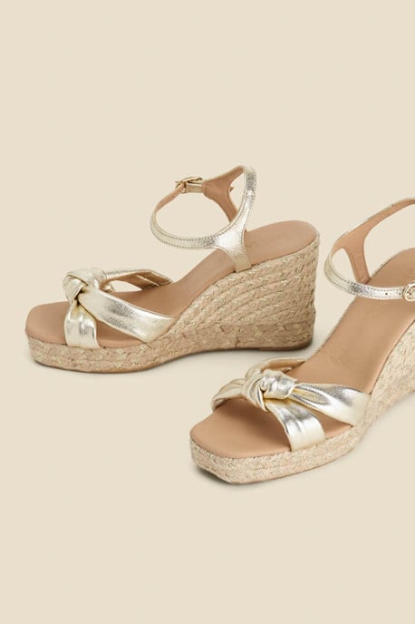 Gold Leather Knot Detail Wedge Espadrilles - Image 4