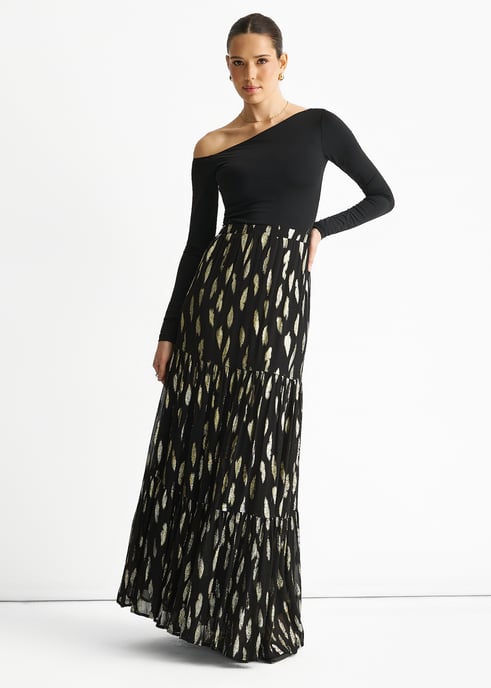 Black Clipped Jacquard Tiered Maxi Skirt - Image 1