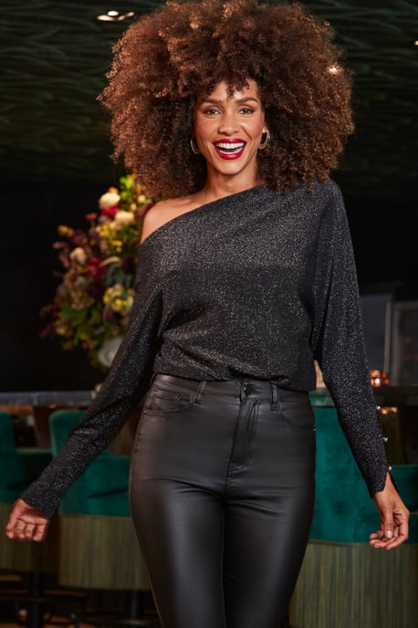 Black Metallic Asymmetric Neck Pearl Cuff Jumper - Image 1