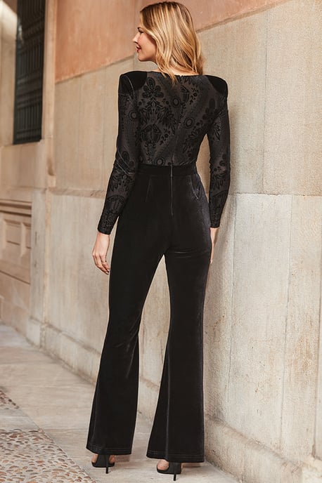 Black Two Part Luxe Velvet Kick Flare Jumpsuit - Image 3