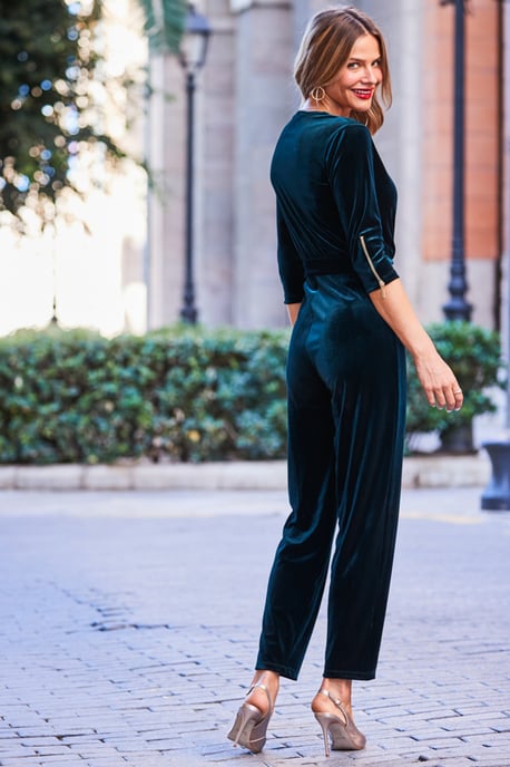 Emerald Green Velvet Zip Detail Wrap Jumpsuit - Image 3