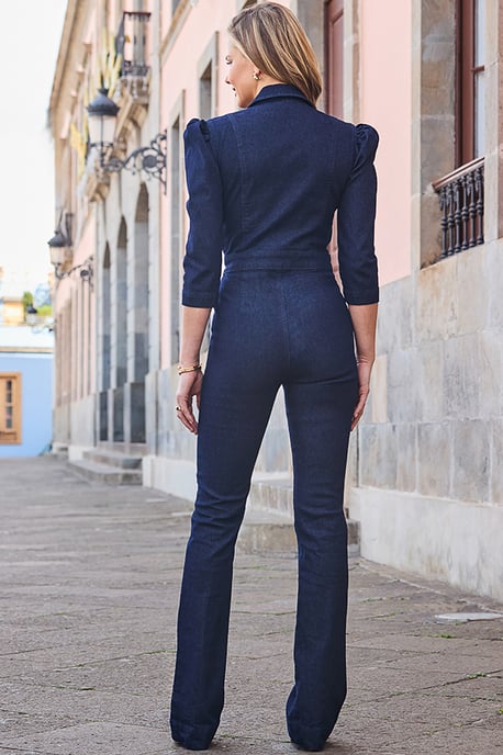 Dark Indigo Puff Sleeve Kick Flare Denim Jumpsuit - Image 2