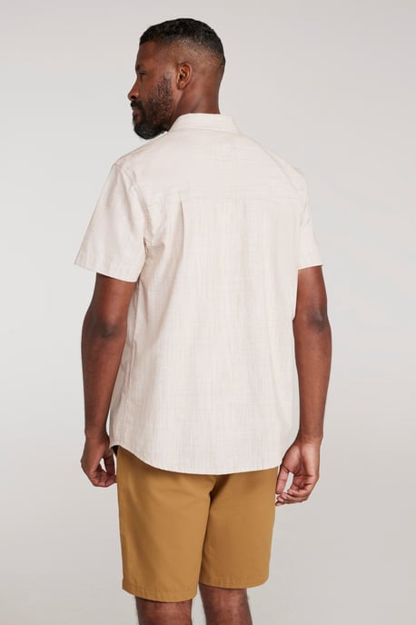 'Coconut Slub Texture' Men's Short Sleeve Shirt 100% Cotton Zip Chest Pocket Everyday Wear Top Beige - Image 3