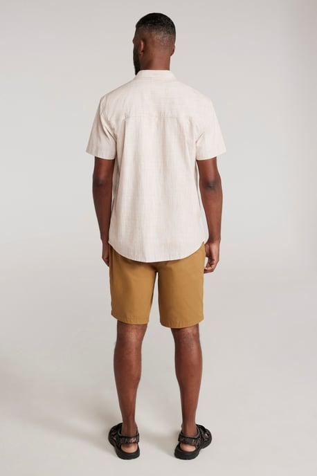 'Coconut Slub Texture' Men's Short Sleeve Shirt 100% Cotton Zip Chest Pocket Everyday Wear Top Beige - Image 4
