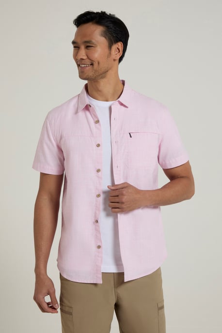 'Coconut Slub Texture' Men's Short Sleeve Shirt 100% Cotton Zip Chest Pocket Everyday Wear Top Light Pink - Image 2