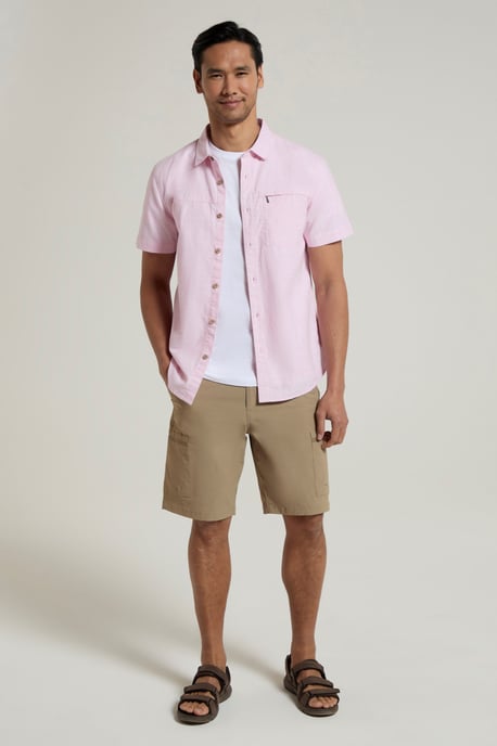 'Coconut Slub Texture' Men's Short Sleeve Shirt 100% Cotton Zip Chest Pocket Everyday Wear Top Light Pink - Image 3