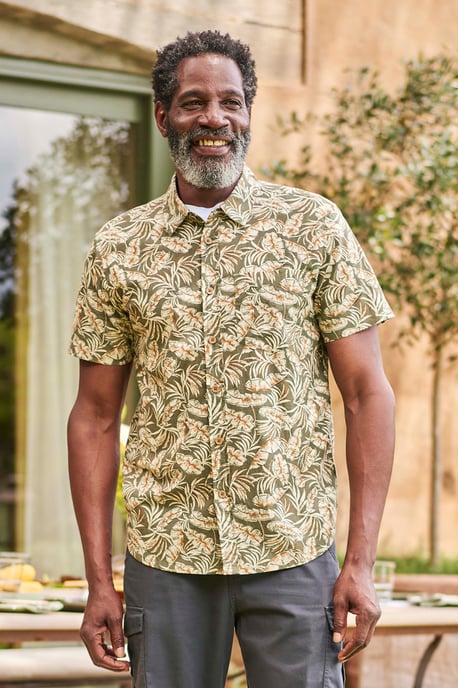 Tropical Printed Men's Short Sleeve Shirt 100% Cotton Chest Pocket Holiday Top Khaki - Image 1