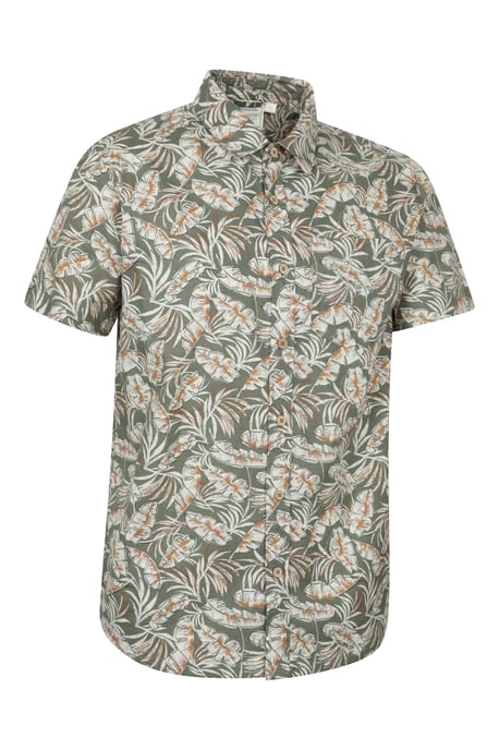 Tropical Printed Men's Short Sleeve Shirt 100% Cotton Chest Pocket Holiday Top Khaki - Image 3