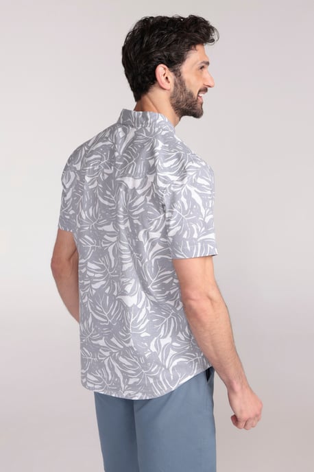 Tropical Printed Men's Short Sleeve Shirt 100% Cotton Chest Pocket Holiday Top Grey - Image 3
