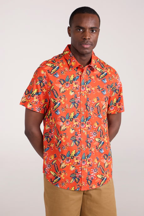 Tropical Printed Men's Short Sleeve Shirt 100% Cotton Chest Pocket Holiday Top Orange - Image 2
