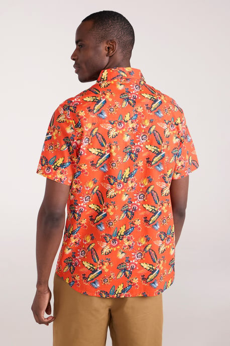 Tropical Printed Men's Short Sleeve Shirt 100% Cotton Chest Pocket Holiday Top Orange - Image 4