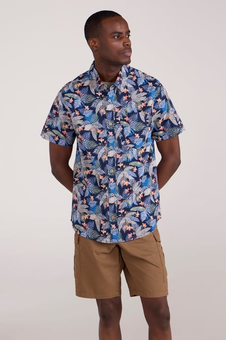 Tropical Printed Men's Short Sleeve Shirt 100% Cotton Chest Pocket Holiday Top Blue - Image 1