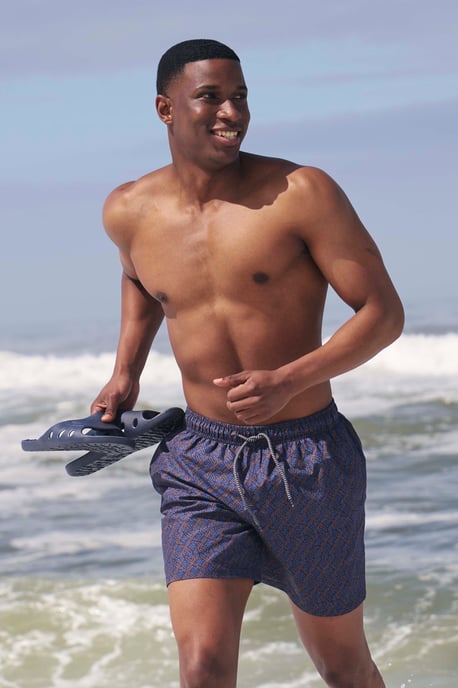 'Aruba' Men's Printed Swim Shorts Drawstring Quick Drying Swimming Trunks Dark Blue - Image 1