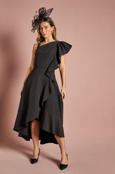 One Shoulder Crepe Ruffle Midi Dress - Image 1