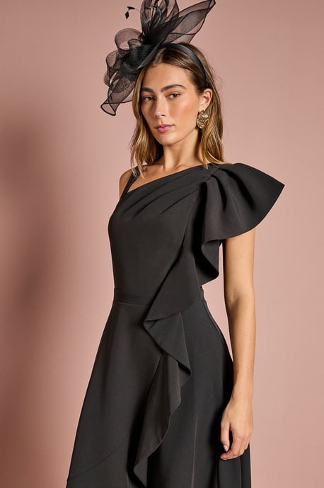 One Shoulder Crepe Ruffle Midi Dress - Image 2