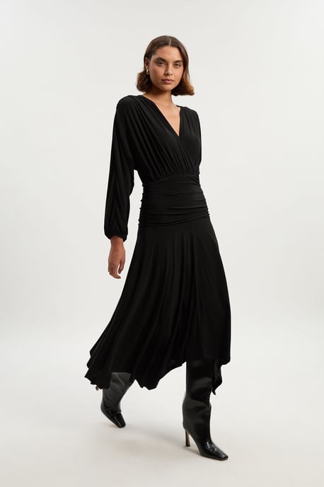 Stretch Drapey Crepe Ruched Plunge Neck Batwing Sleeve Maxi Dress - Image 1