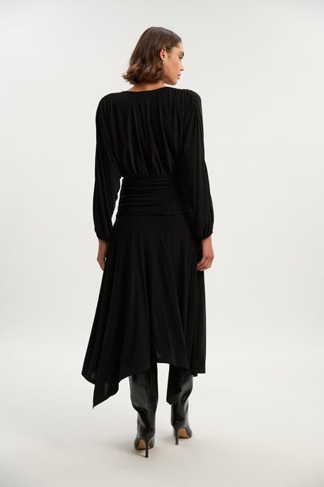Stretch Drapey Crepe Ruched Plunge Neck Batwing Sleeve Maxi Dress - Image 3