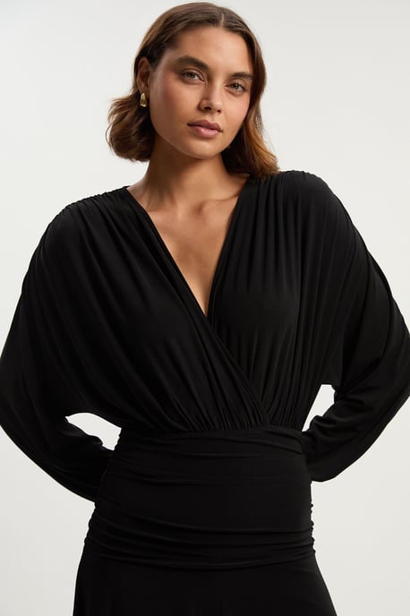 Stretch Drapey Crepe Ruched Plunge Neck Batwing Sleeve Maxi Dress - Image 4