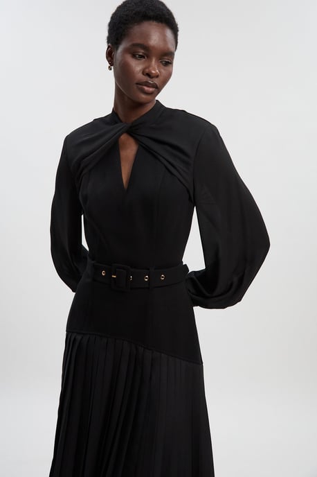 Ponte And Georgette Mix Balloon Sleeve Cut Out Detail Pleated Maxi Dress - Image 1