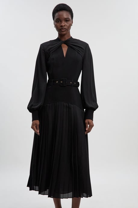 Ponte And Georgette Mix Balloon Sleeve Cut Out Detail Pleated Maxi Dress - Image 2