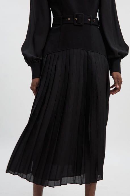 Ponte And Georgette Mix Balloon Sleeve Cut Out Detail Pleated Maxi Dress - Image 3