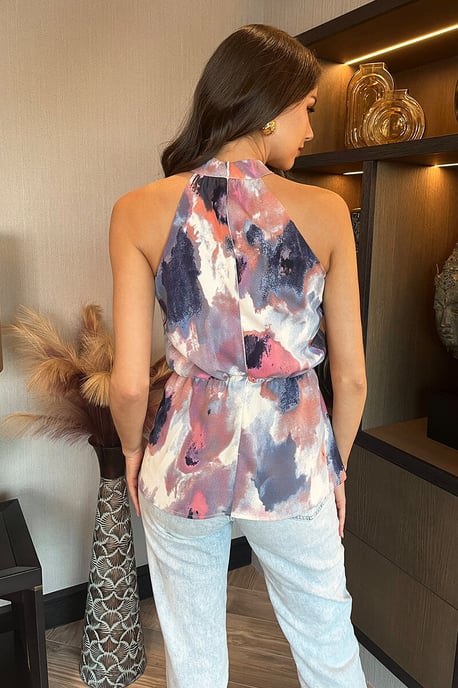 Multi Smudge Print Halter Neck Peplum Top - Image 4