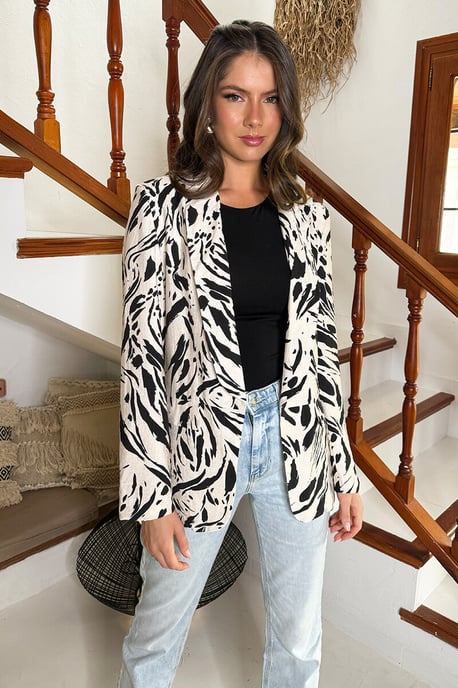 Cream And Black Brush Stroke Print Shawl Collar Open Front Blazer - Image 1
