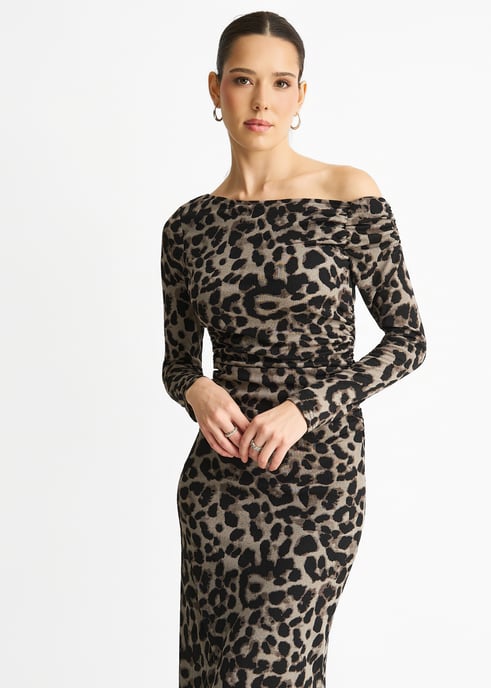 Grijze jersey midi-jurk met dierenprint en één schouder - Image 2