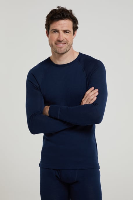 Merino Men's Thermal Baselayer Top Long Sleeve Hiking Winter Pullover Navy - Image 2