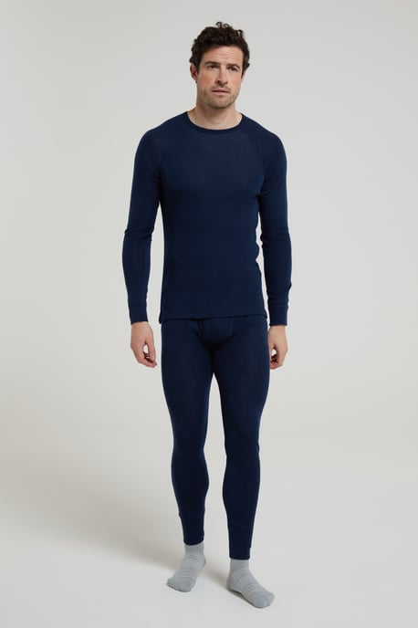 Merino Men's Thermal Baselayer Top Long Sleeve Hiking Winter Pullover Navy - Image 3