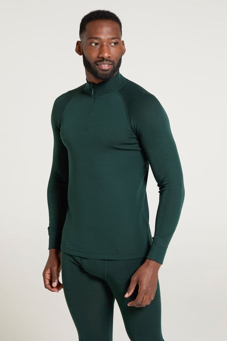 Merino Men's Baselayer Top Long Sleeve Thermal High Wicking Breathable Sweater Dark Green - Image 1