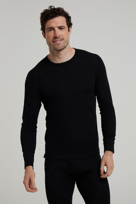 Merino Men's Thermal Baselayer Top Long Sleeve Hiking Winter Pullover Black - Image 2