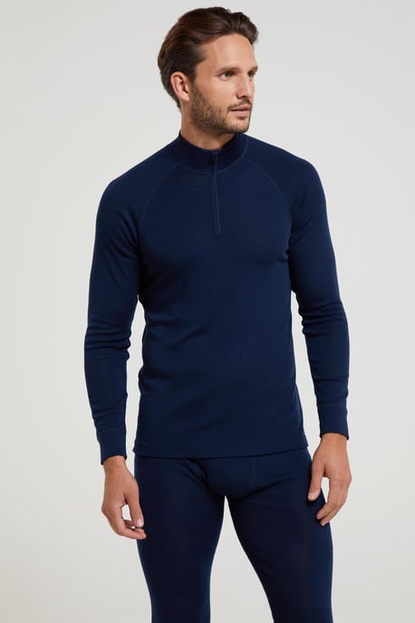 Merino Men's Baselayer Top Long Sleeve Thermal High Wicking Breathable Sweater Navy - Image 1