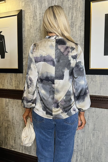 Multi Marble Print Long Sleeve Ruffle Neck Top - Image 4