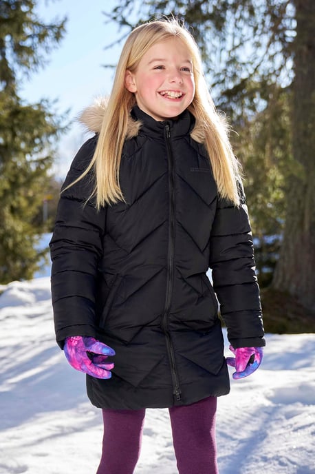 Galaxy' Kids Fleece Lined Padded Jacket Faux Fur Hood Water Resistant Winter Rain Coat Black - Image 1