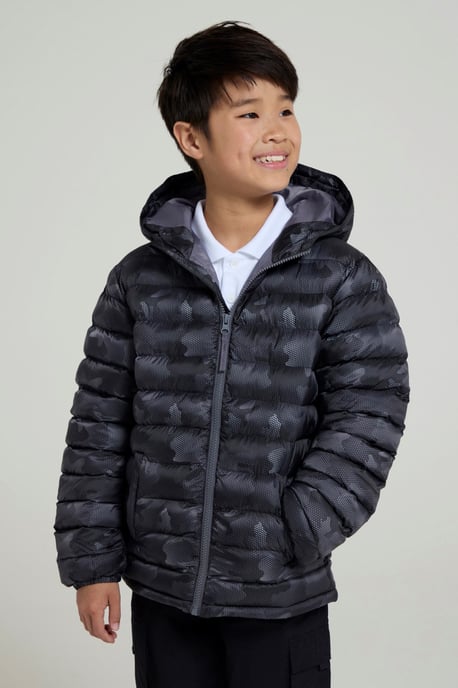 'Printed Seasons' Kids Padded Jacket Water Resistant Cosy Winter Coat Charcoal - Image 1