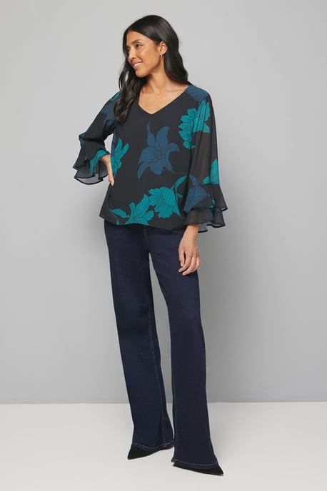Black Floral Flute Sleeve Top - Image 1