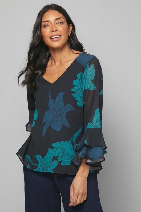 Black Floral Flute Sleeve Top - Image 2