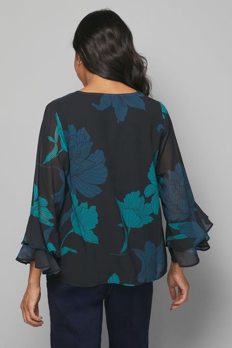 Black Floral Flute Sleeve Top - Image 3