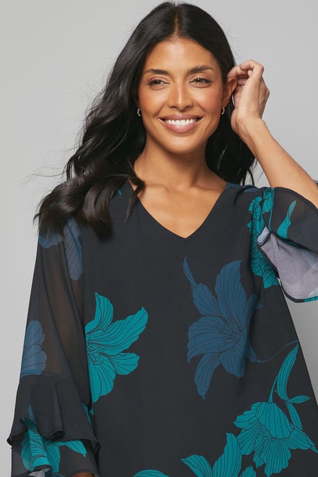 Black Floral Flute Sleeve Top - Image 4