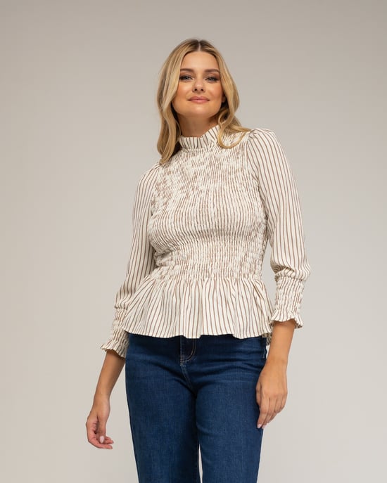 Langdurige blouse, gestreept met honingraatborduursel op de borst en manchetten. - Image 1
