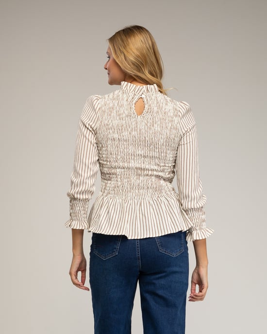 Langdurige blouse, gestreept met honingraatborduursel op de borst en manchetten. - Image 2