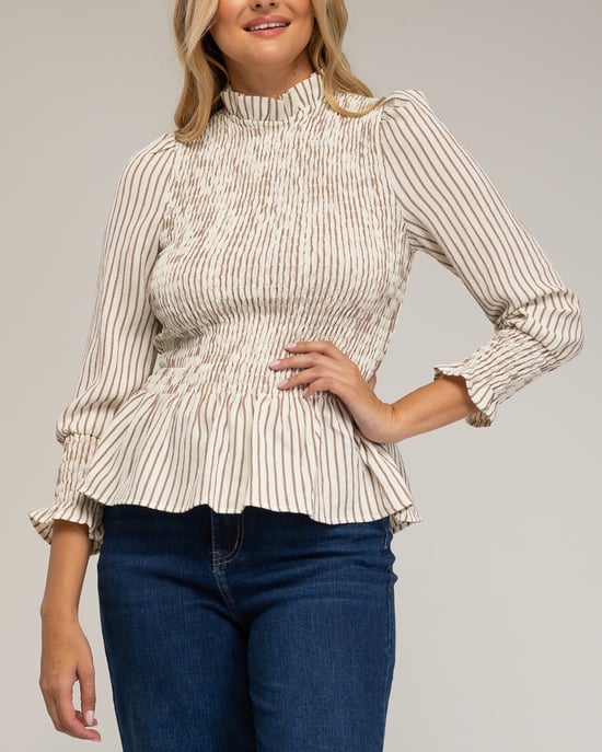 Langdurige blouse, gestreept met honingraatborduursel op de borst en manchetten. - Image 3