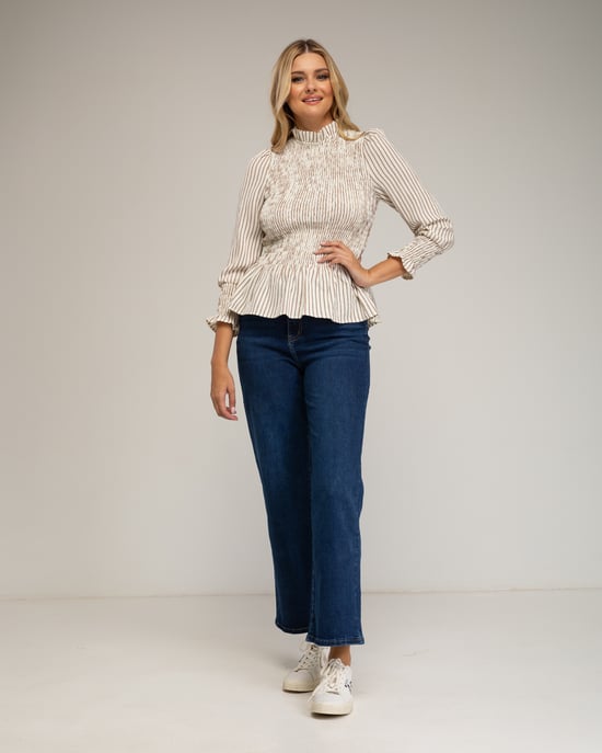Langdurige blouse, gestreept met honingraatborduursel op de borst en manchetten. - Image 4