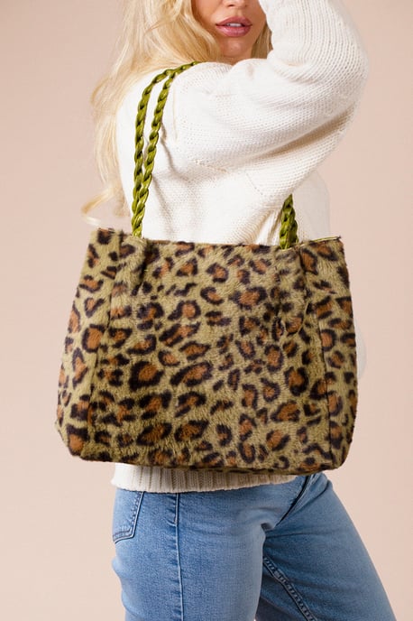 Faux Fur Shoulder Bag In Olive Leopard - Image 1