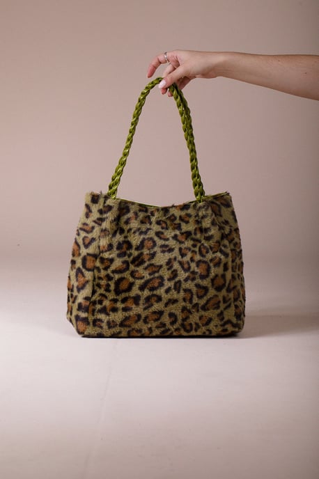 Faux Fur Shoulder Bag In Olive Leopard - Image 2