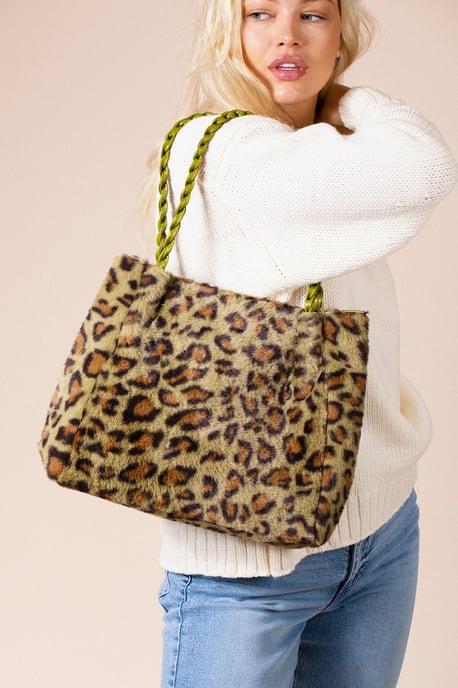 Faux Fur Shoulder Bag In Olive Leopard - Image 3