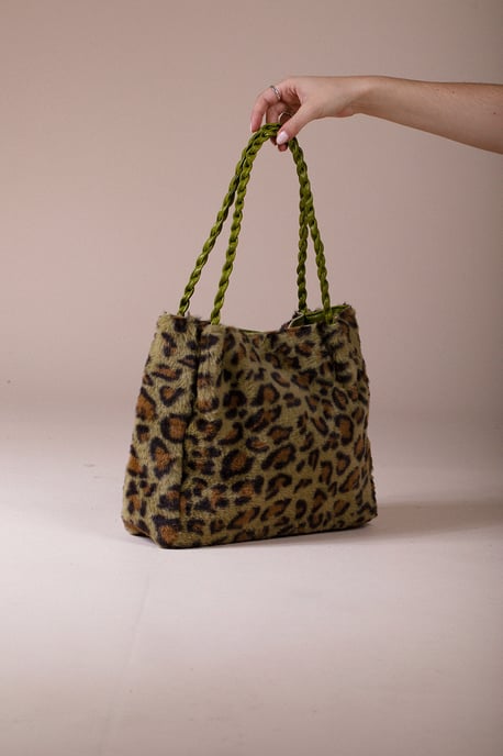 Faux Fur Shoulder Bag In Olive Leopard - Image 4